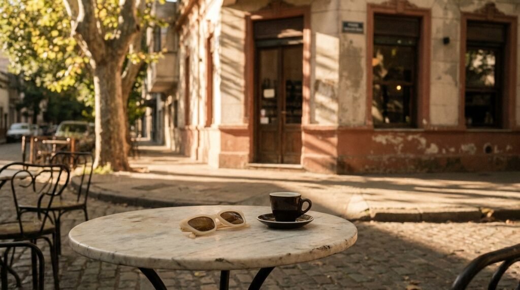 Tarde de sol en una vereda de Buenos Aires, con unos anteojos de sol de acetato crema sobre la mesa de un café