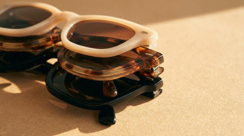 Detalle de marcos de acetato prensado en crema, carey y negro, con una bisagra flex de acero